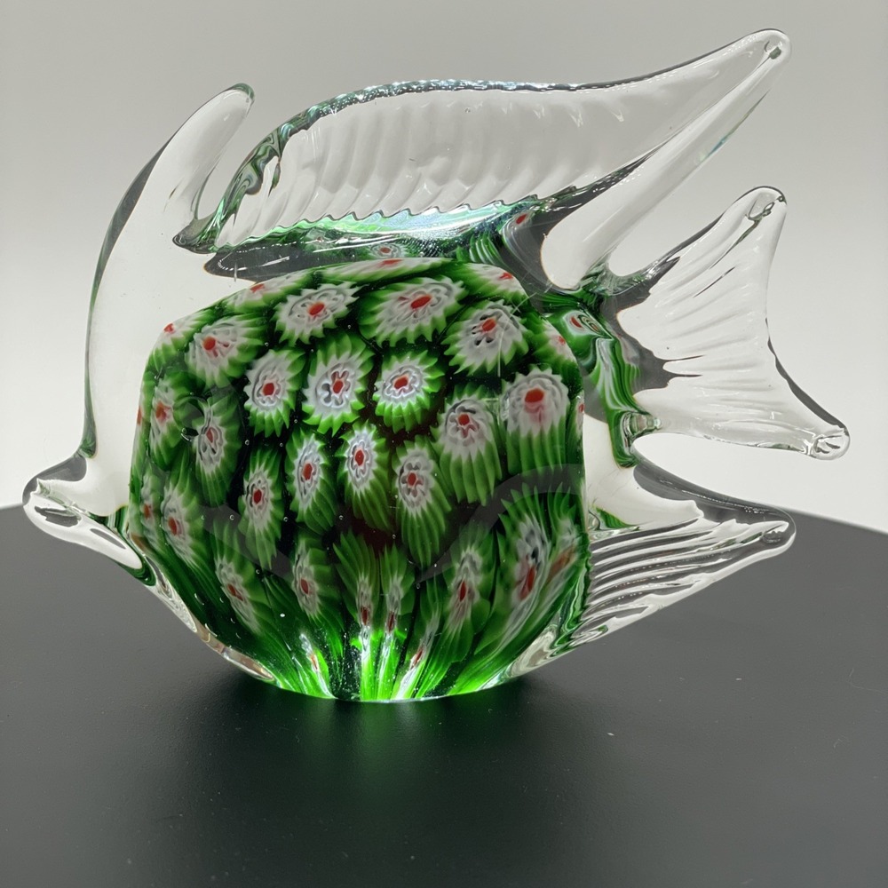 Murano Art Glass Angel Fish Italy Vintage Hand Blown Millefiori Green Red